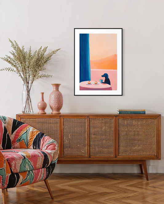 Plakat Piesek przy kawie - 02 - nowoczesny plakat dekoracyjny