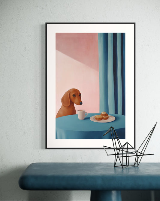 Plakat Jamnik przy kawie - 02 - nowoczesny plakat dekoracyjny