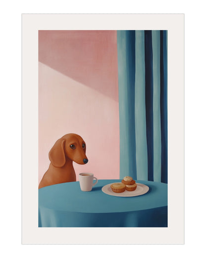 Plakat Jamnik przy kawie - 02 - nowoczesny plakat dekoracyjny