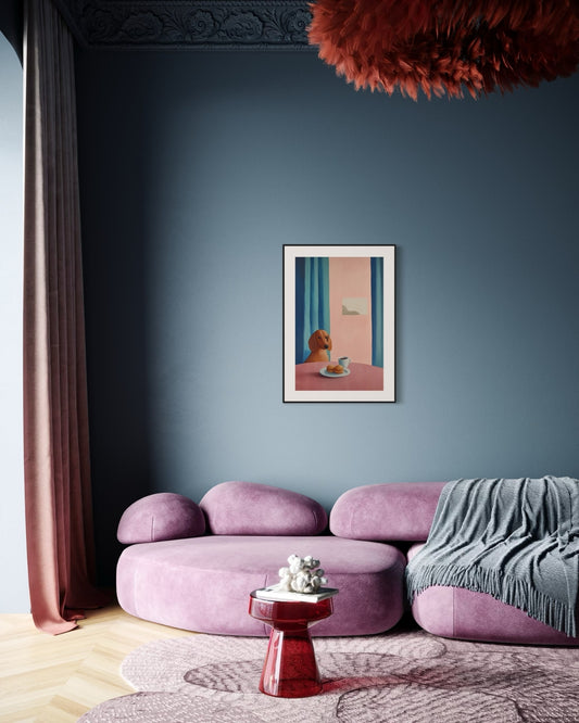 Plakat Jamnik przy kawie - nowoczesny plakat dekoracyjny