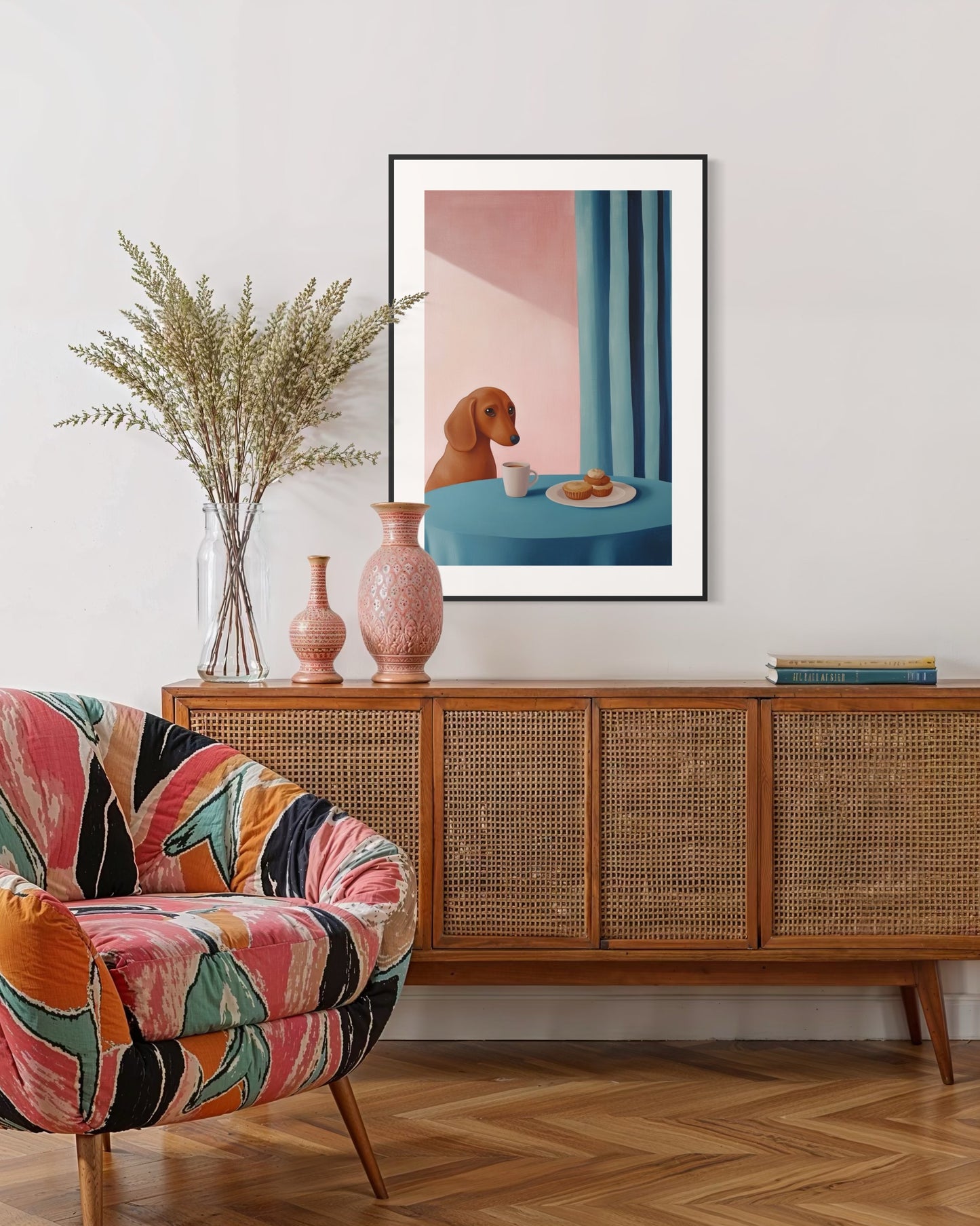 Plakat Jamnik przy kawie - 02 - nowoczesny plakat dekoracyjny