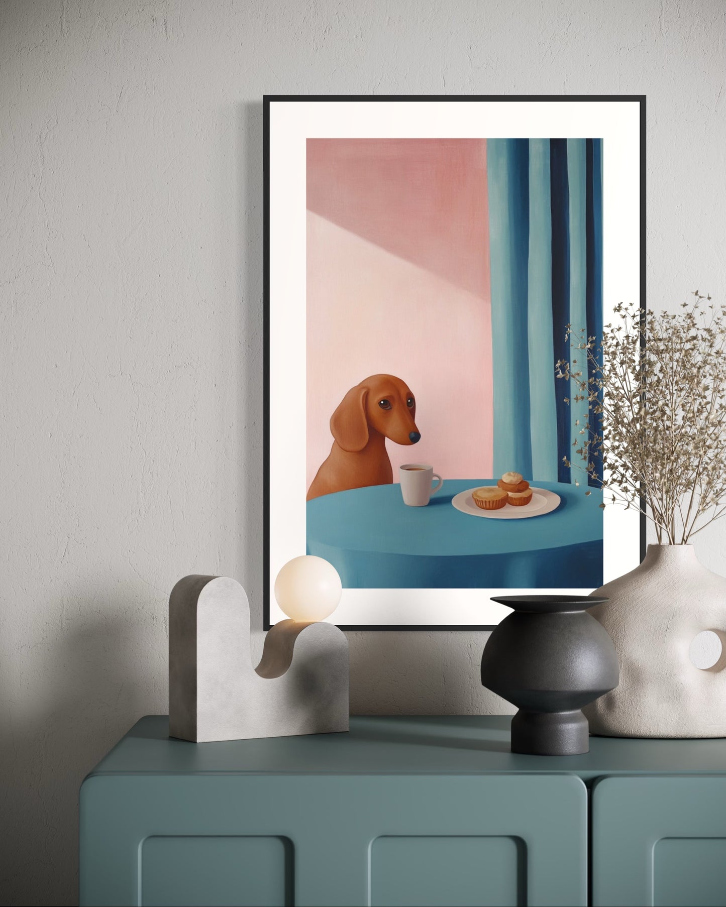 Plakat Jamnik przy kawie - 02 - nowoczesny plakat dekoracyjny